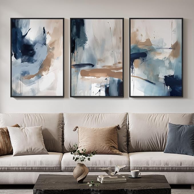 Large Framed Blue Neutral Abstract Wall Art for Living Room, 3 Piece 24x36 | Minimalist picture, Canvas prints, Wood frame, Modern wall painting, Artwork for walls, Wall decor for bedroom dining hallway