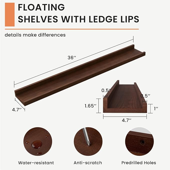 FLYJOE Picture Ledge Shelf for Wall, 36 inch Solid Ash Wood Nursery Book Shelves 2 Packs, Floating Shelves for Kids' Room Bedroom Bathroom Living Room Photo Frames Office Nursey Wall Decor, Walnut