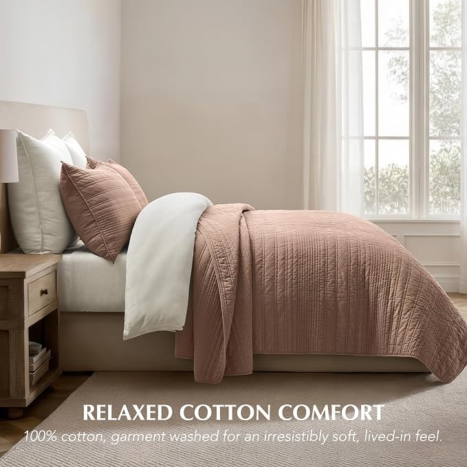 EVERGRACEHOME 100% Cotton Modern Lines Quilt Set Queen Size, Rose Dust | Pre-Washed Soft Cotton, Striped Coverlet Bedspread, 3 Piece Lightweight Bedding Set for All Season, with 2 Pillow Shams