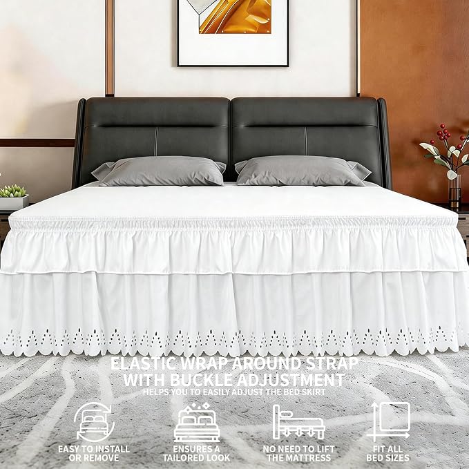 Twin Bed Skirt, Double-Layered Ruffled Eyelet Bed Skirt, Wrap-Around Elastic Dust Ruffle Twin Size with Gathered Styling and Embroidered Details, 18" Drop Length (White)