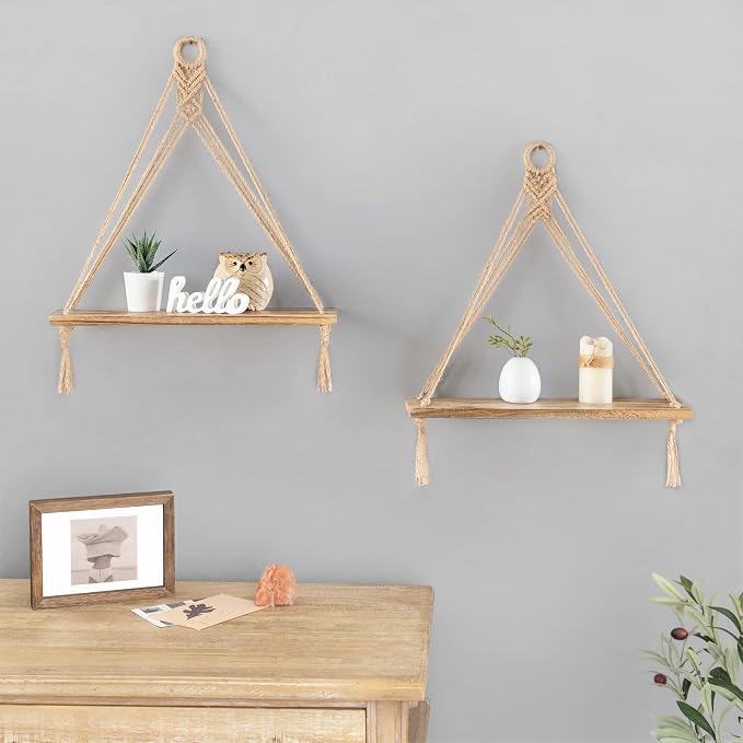 Mkono Macrame Hanging Shelves Boho Wall Decor Set of 2 Floating Wood Shelf