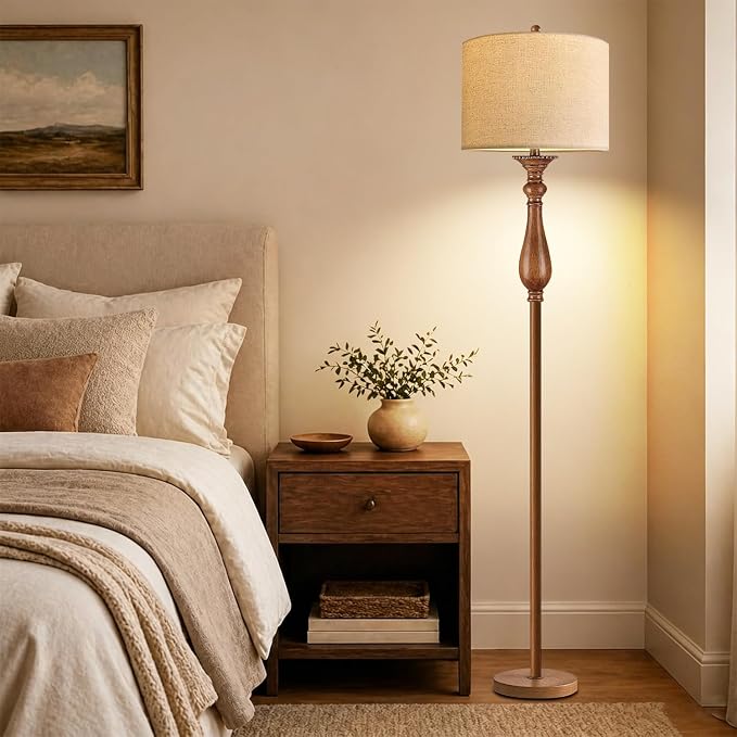 ILLMTW Wood Floor Lamp for Living Room,Bedroom,Vintage Mid Century Modern Standing Lamp with Remote Dimmable,Boho Gold Tall Lamp Fabric Lamp Shade Floor Lights Bohemian Tiffany Style