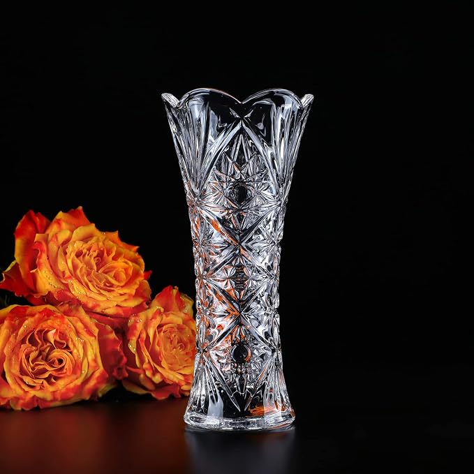 7.6" Tall Glass Flower Vase, 1 Piece Thickened Crystal Vase for Flowers | Clear Flower Vase for Bouquet, Sunflower Design Decorative Vase for Living Room Dining Table Centerpiece, Wedding Gift