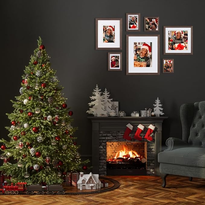 Egofine 11x14 Picture Frames Set of 4, Made of Solid Wood Covered by Plexiglass 5x7 and 8x10 with Mat or 11x14 without Mat, for Table Top Display and Wall Mounting Photo Frame Brown