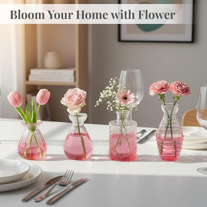 BEAHOT 24 Pack Pink Flower Vase in Bulk,Mini Vintage Glass Bud Vases for Centerpieces,Wedding Decor,Party & Home Decaration,Mother's Day (Pink-Gradient)