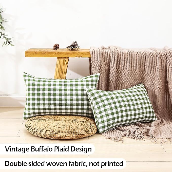 Spring Green Plaid Gingham Outdoor Lumbar Decorative Pillow Covers 12x20 | Couch Bed Lumbar Pillow Cover 12 x 20, Cojines De Otoño Para Sala, Aesthetic Spring Room Decor, Outdoor Porch Patio Pillows