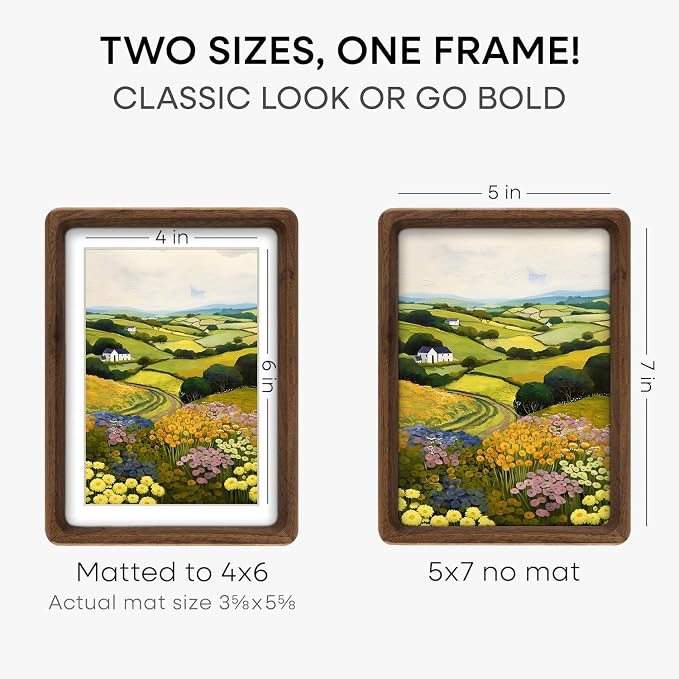 Homeforia 7x5 Picture Frame Brown Wood, Mortise & Tenon Dark Wooden 7 x 5 Photo Frames with Mat 4 x 6 for Wall or Tabletop, 7by5 Walnut Frame Matted to 4x6 inch Art, Tempered Glass, Wall Kit, Set of 1
