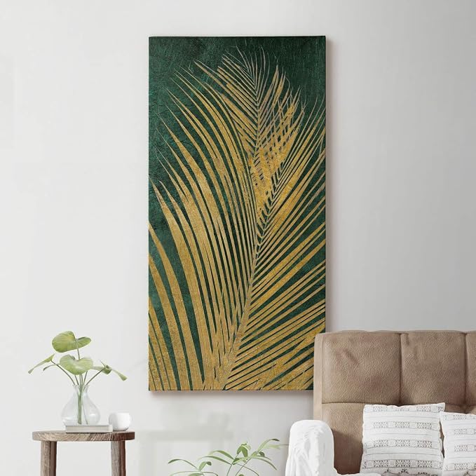 Renditions Gallery Canvas Nature Wall Art Modern Paintings Decorations Glittering Golden Palm Rustic Botanical Romantic Artwork Wall Hanging for Office Bedroom Kitchen - 12"x24" LT43