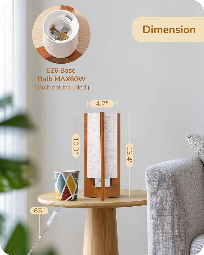 EDISHINE 13.5" Small Table Lamp, Walnut Wood Cylinder Nightstand Lamp, E26