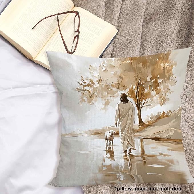 Christian Jesus and the Lost Lamb Throw Pillow Covers 18x18, Vintage Rustic Decor Pillow Cases for Farmhouse Bedroom Living Room, Religious Decorative Square Pillowcases for Couch Bed Sofa