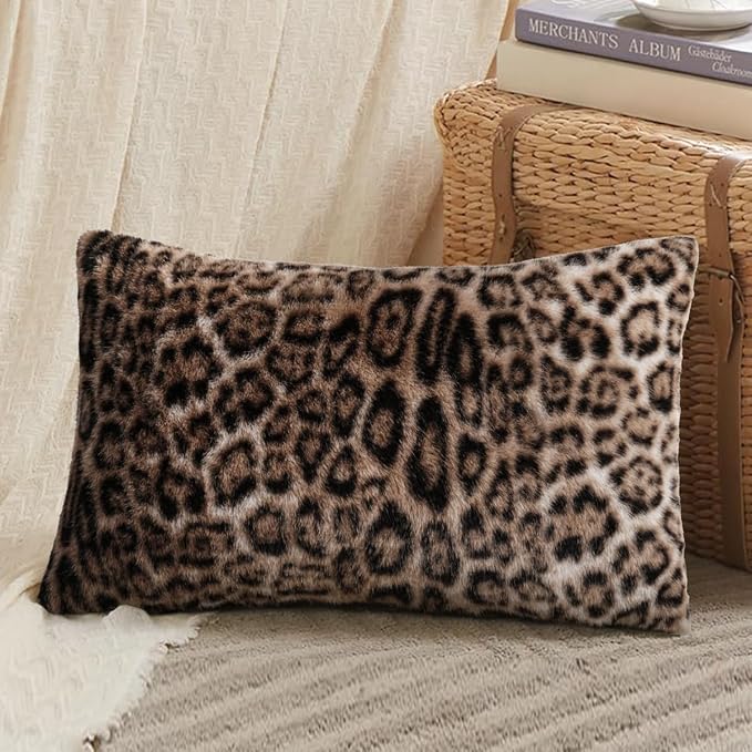 cygnus Faux Fur Cheetah Print Lumbar Throw Pillow Covers 12X20 inch | Set of 2 Leopard Couch Pillowcase ,Fluffy Fuzzy Decorative Square Throw Pillows, for Couch Sofa Living Room Bedroom Decor
