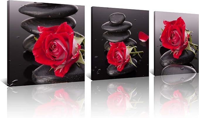 NAN Wind Red Canvas Wall Art Bedroom Wall Decor Black and White Zen Stones Spa Wall Art Rose Pictures for Living Room Kitchen Home Decorations Red Bathroom Accessories Flower Paintings Room Artwork