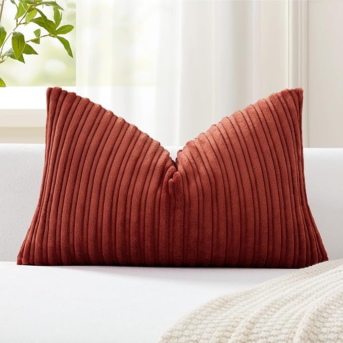 Kevin Textile Striped Corduroy 12”x24” Pillow Cover 1 Pack, Burnt Brick