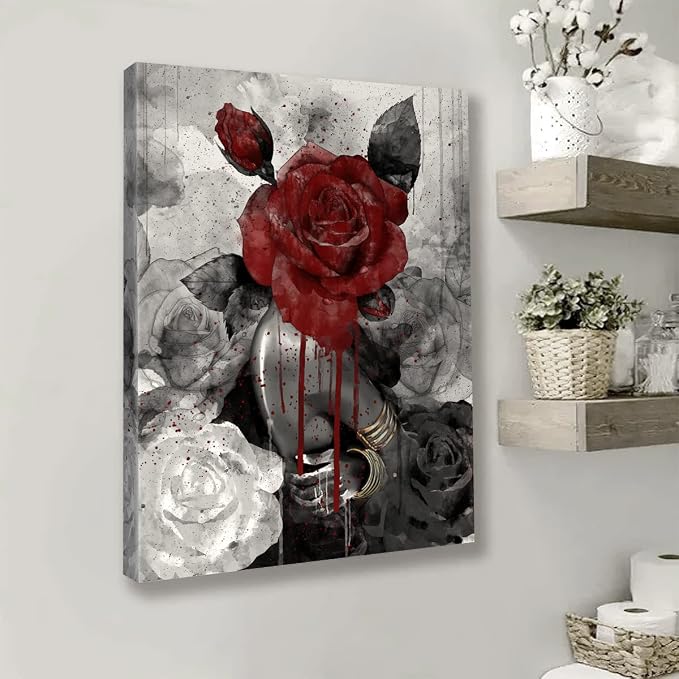 African American Wall Art Fashion Black Girl Picture Vintage Rose on Girl Head Wall Decor Abstract Painting Framed Modern Artwork for Bedroom Bathroom Office Home Decor 12x16 inch