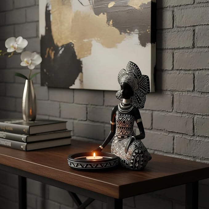 Lescafita African Lady Figurine Candle Holder with African Tribal Totem for Wedding,Church,Holiday Decor-African Decorative Women Statues, Candlestick Holder for Home and Table Decor(754-Black)