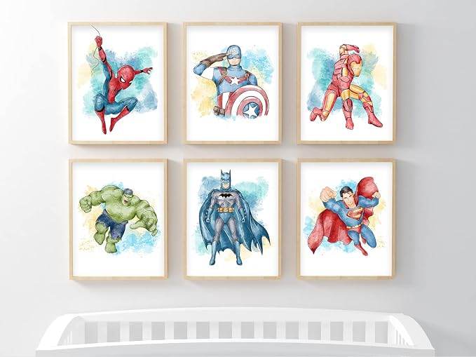 Nistio® Superhero Wall Decor, Superhero Wall Art for Boys Bedroom, Avengers Prints, Set of 6 Prints, Iron Man, Captain America, Hulk, Superman, Unframed, 8x10 inches