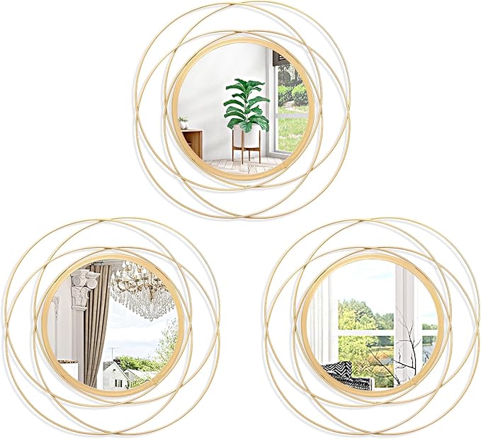 Gold 3 Set Circle Mirrors Wall Decor Wire Metal Mirror Round Mirror Home Decor Hanging Mirror for Room Bedroom Bathroom Entryway 12''