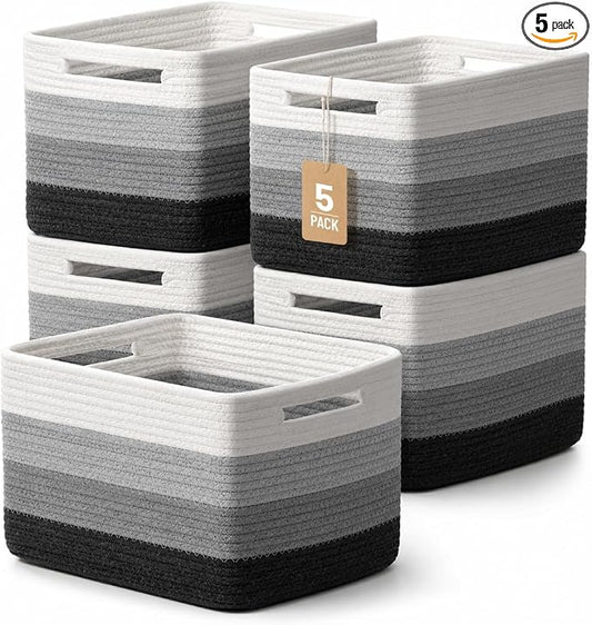 5 Pack Woven Storage Baskets, Decorative Storage Bins for Organizing | 13.8'' × 9.8'' × 7.9'', Cotton Rope Basket Organizer for Closet, Shelves, bathroom, Toys, Books, Pantry, Black/White Ombre