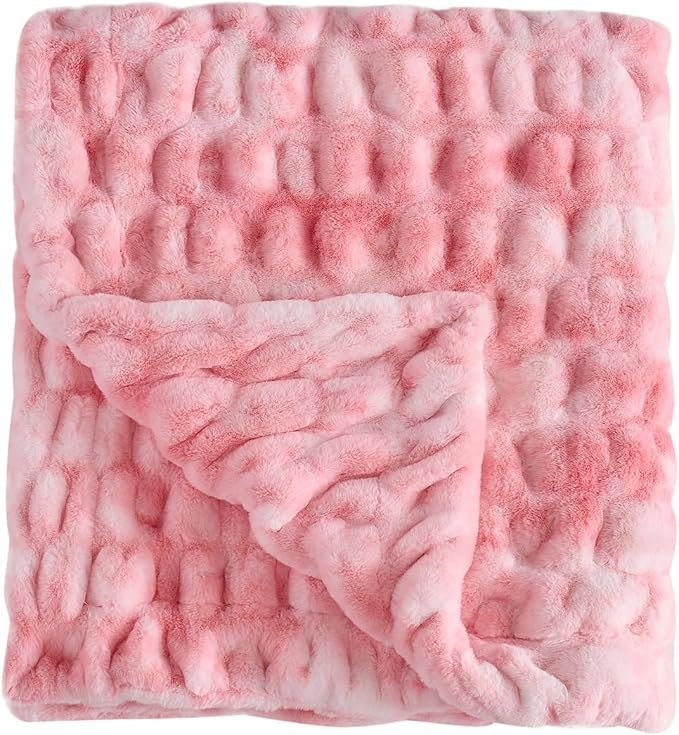 Lotus Karen Faux Fur Throw Blanket, 900 GSM Dual-Sided Soft Ruched Fluffy Blanket for Couch, Cozy Fuzzy Plush Throw Gifts for Women Man Bedroom Living Room (Tie-Dye Pink, 50"x60")