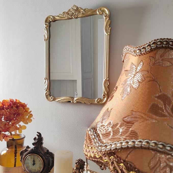 SIKOO 8x10 Inch Vintage Mirror, Decorative Wall Mirror,Makeup Mirror for Table,Antique Home Decor,Ornate Wall Art,Resin and Premium Glass, Gold