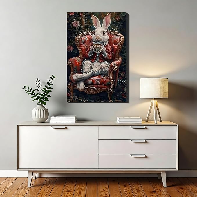 Noble Gentleman Easter Rabbit Canvas Print, Vintage Framed Bunny Art for Office Wall Decor, Victoria Spring Canvas Art Pictures for Living Room Hallway Holiday Wall Decoration