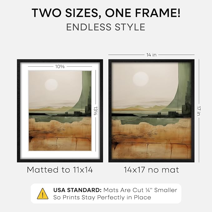 Homeforia 14x17 Black Oak Picture Frame, High-End Wood, 11x14 Mat, Glass