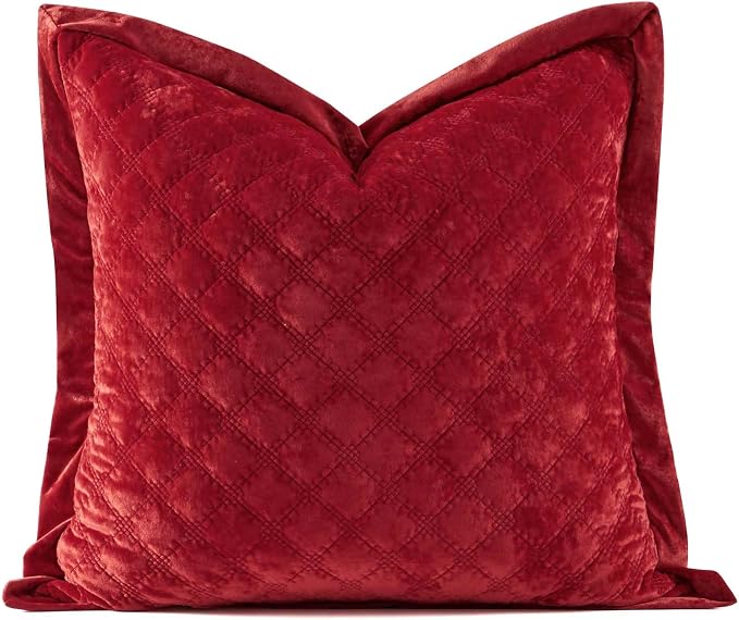 Pillow Cover 24x24 1 Piece Velvet Large Euro Sham with Hidden Zipper Wrinkle Resistant Soft Cross Process Decorative Farmhouse Quilted Cushion Covers for Couch Bed,Red