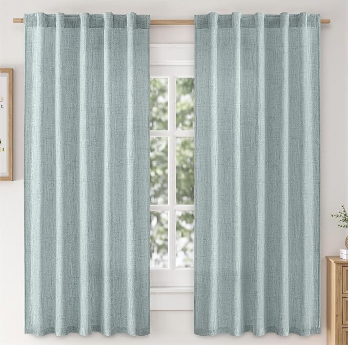 MIULEE Faux Linen Curtains 63 Inch Length 2 Panels Natural Stone Blue Semi Sheer Curtain with Back Tab Rod Pocket, Light Filtering Window Privacy Burlap Drapes for Living Room Bedroom 42W x 63L
