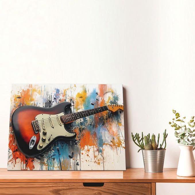 Guitar Wall Art Guitar Wall Decor Music Pictures Graffti Musical Instruments Canvas Prints Painting Artwork Splash Decoration for Music Room Bedroom Living Room Framed Gifts 12"x16"