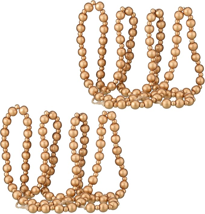 Yinder 2 Pcs/ 14.4 Feet Christmas Wooden Beads Garland, Gold