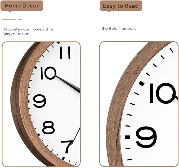 AKCISOT 10 Inch Wall Clock, Silent Battery Operated Analog Clock, Walnut | Classroom | Kitchen | Office | Easy to Read Numbers | Garage