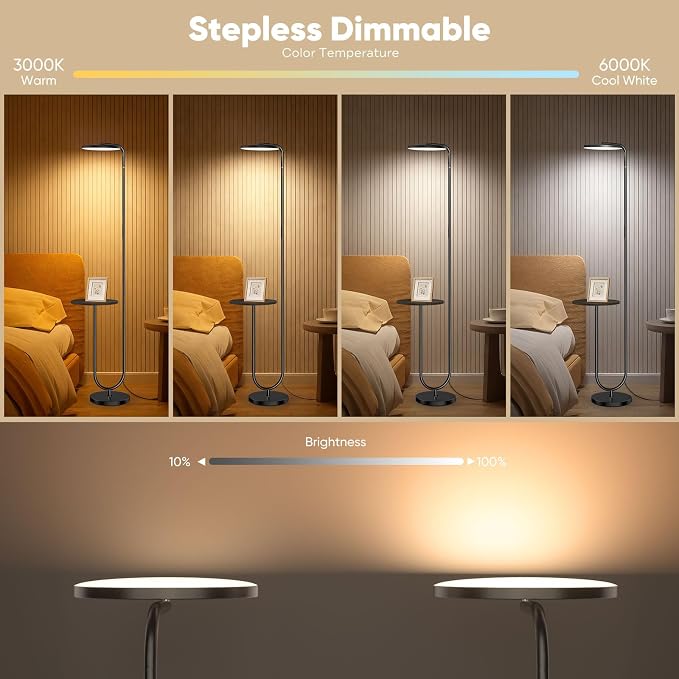 SIBRILLE 36W LED Floor Lamp with Table, Super Bright Standing Lamp, Modern Stepless Dimmable Torchiere Tall Lamp with Remote Control, 350°Rotating Head Floor Lamp for Living Room, Bedroom, Office