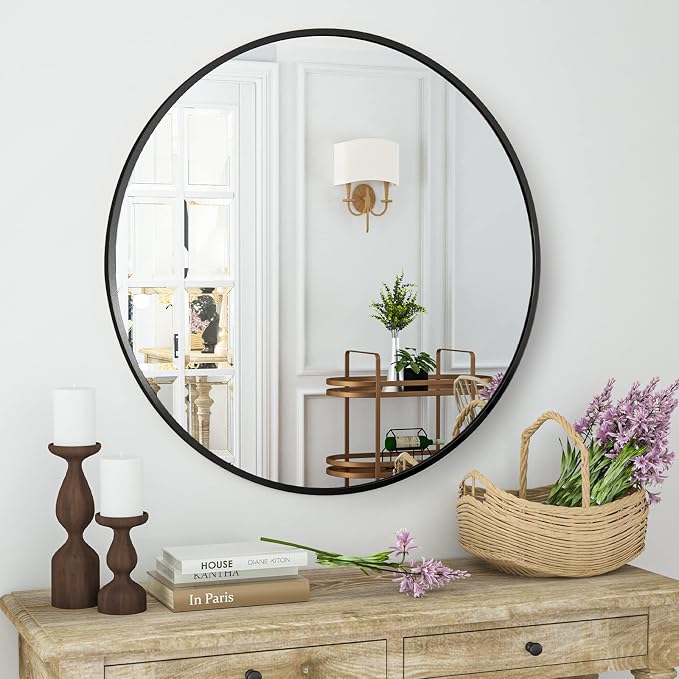 HARRITPURE Round Mirror 23.6" Black Wall Mounted Circle Mirror with Aluminum Alloy Frame Modern Design for Bathroom, Living Room, Vanity, Bedroom, Entryway