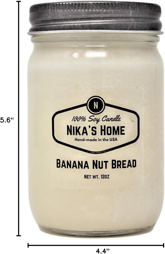 Nika's Home Banana Nut Bread Soy Candle - 12oz Mason Jar - Non-Toxic - Hand Poured in The USA, Long Burning 50-60 Hours Highly Scented All Natural, Clean Burning