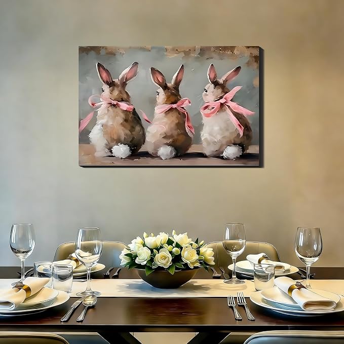 Easter Framed Rabbit Wall Art 12x18 In, Rustic Bunny Pictures for Living Room, Kids Room, Sweet Spring Rabbit Painting Canvas Prints for Easter Bedroom Wall Decor