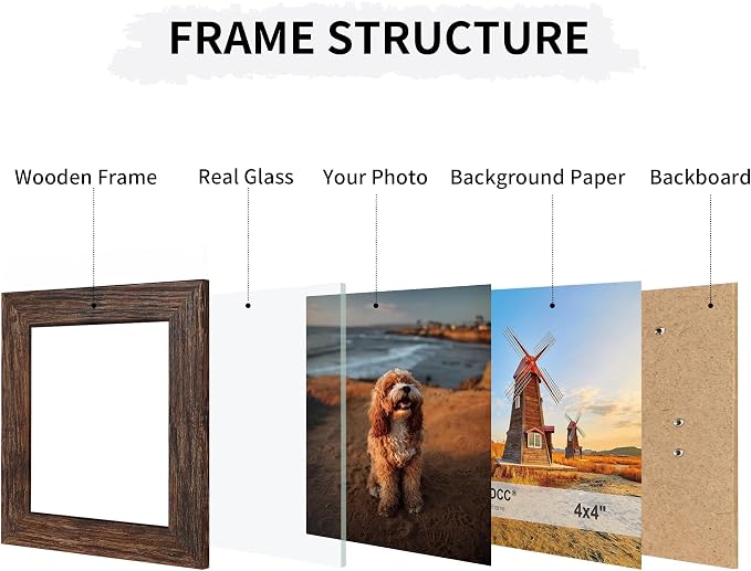 4x4 Collage Picture Frames Set of 2, Rustic Wooden Real Glass Vertical Hanging 3 Opening 4 by 4 Photo Frame, Distressed Brown