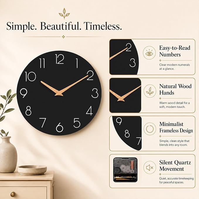 cicininc 10 Inch Battery Operated Wall Clock, Silent Analog, Black | Living Room | Kitchen | Office | Bathroom | Modern Style | Easy-to-read Numbers