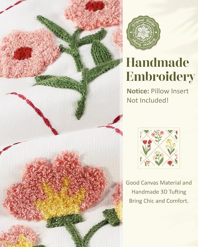 Embroidered Throw Pillow Cover - 18x18 Decorative Pillow Cover with Zipper Aesthetic Cute Design Boho Spring Summer Throw Pillowcase for Living Room Couch Sofa Bed, Ruffle Floral