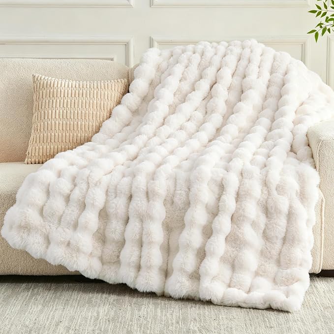 NEWCOSPLAY Faux Fur Fluffy Bubble Twin Blanket for Couch, Ivory, 60"x80" | Soft Thick Warm Bubble Blanket for Couch Sofa Bed 550GSM, Plush Cozy Luxury Decorative Throw, Gift for Women Men