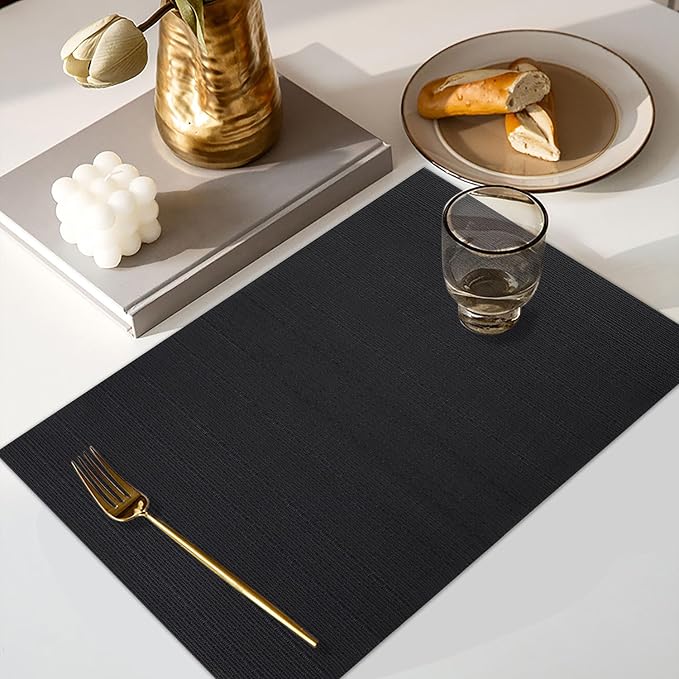 Vinyl Placemats Set of 6, PVC Woven Washable Non-Slip Table Mats, Heat Resistant Wrinkle Free Place Mats for Dining Table, Easy to Clean (6, Black)