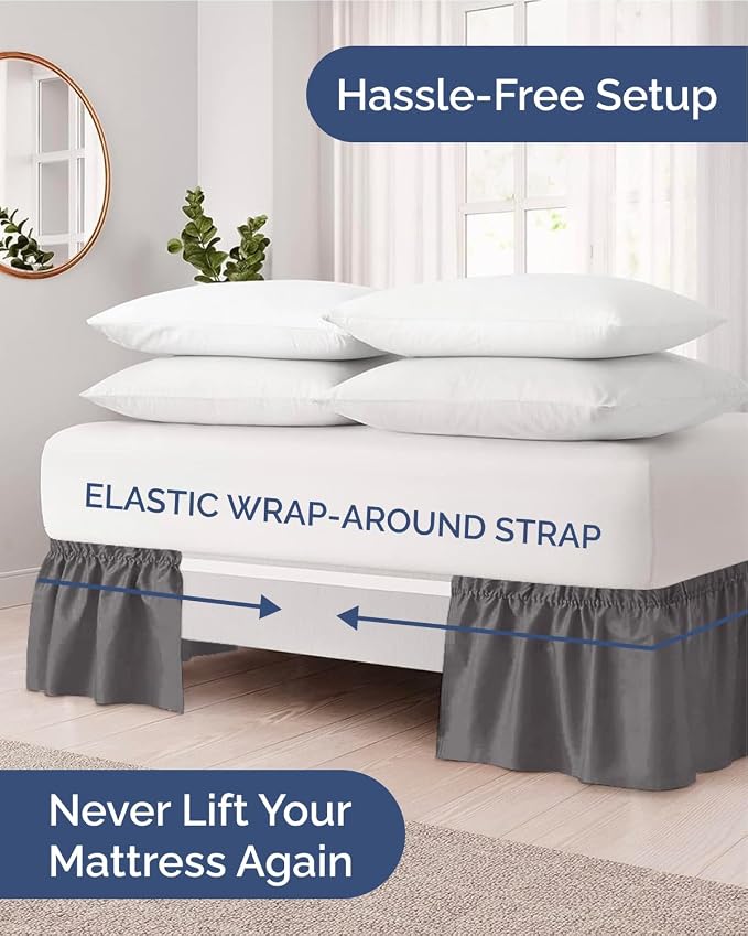 Wrap Around Dust Ruffle Bed Skirt - Charcoal - for Queen Size Beds w/ 14 Inch Drop - Easy Fit Elastic Strap - Adjustable Pleated Bedskirt w/Brushed Fabric - Wrinkle Free - Women, Men, Kids & Teens
