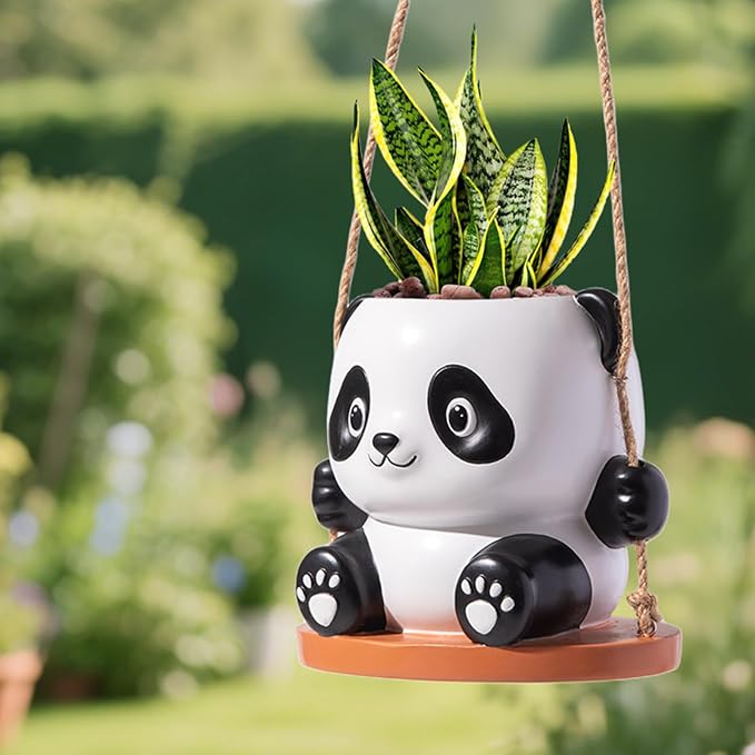 Swing Panda Hanging Planters for Indoor Plants, Cute Succulent Pots with Drainage Hole, Small Hanging Flower Pots Outdoor, Panda Gifts for Plant Lovers (Boy-White)