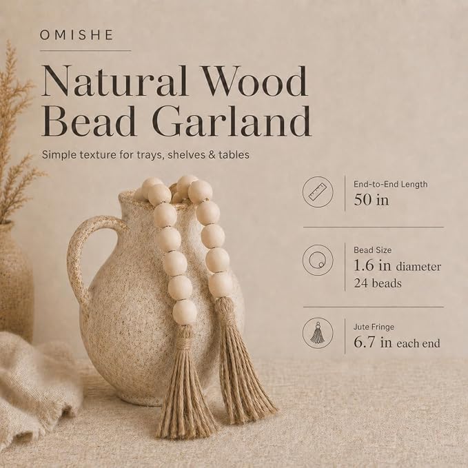 OMISHE 50" Long Extra Large Wood Bead Garland with 1.6" Diameter Wooden Beads and Tassels, Rustic Farmhouse Country Decorative Beads for Home Decor Tiered Tray Decor, Natural Beige