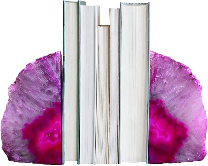 Pink Agate Bookends Heavy Duty Geode Stone Book End Holders Decorative | Polished Stone Book Stoppers Supports Home Office Decor with Rubber Bumpers Dyed Pink 1 Pair, 3-4 LBS