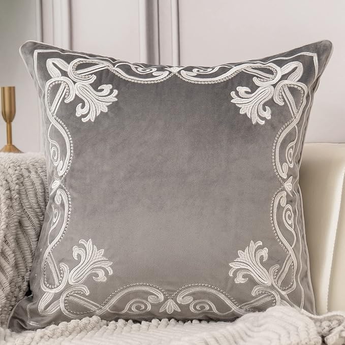 Aeckself European Floral Pillow Cover 20x20 Inch, Luxury Velvet Embroidered Decorative Throw Pillow Cover for Couch Bedroom Living Room, Grey and White