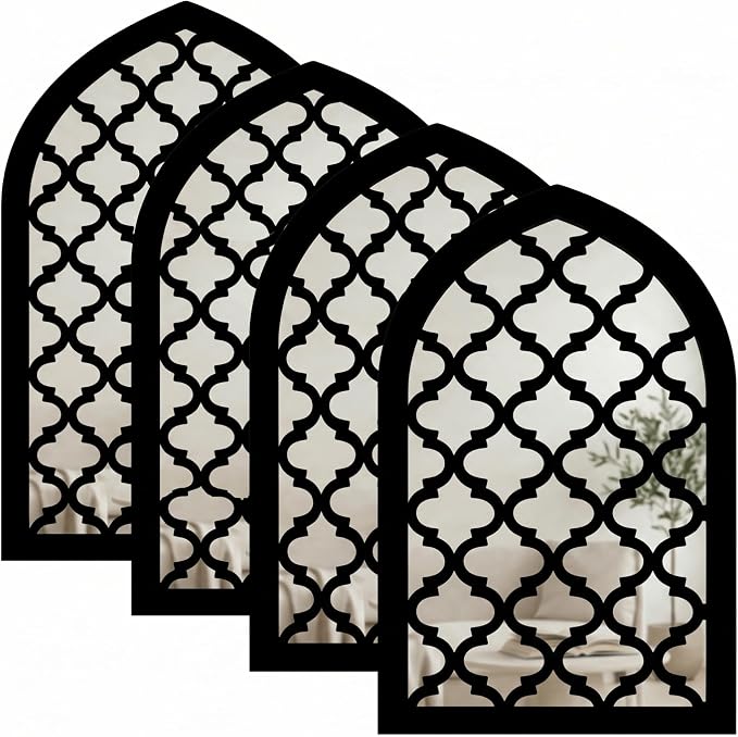4 Pcs Modern Arched Mirror Wall Decor, 12.8 x 8.9 Inch Self Adhesive Window Mirror Stickers for Bedroom Bathroom Living Room Entryway Hallway Minimalist Eclectic Home Accent