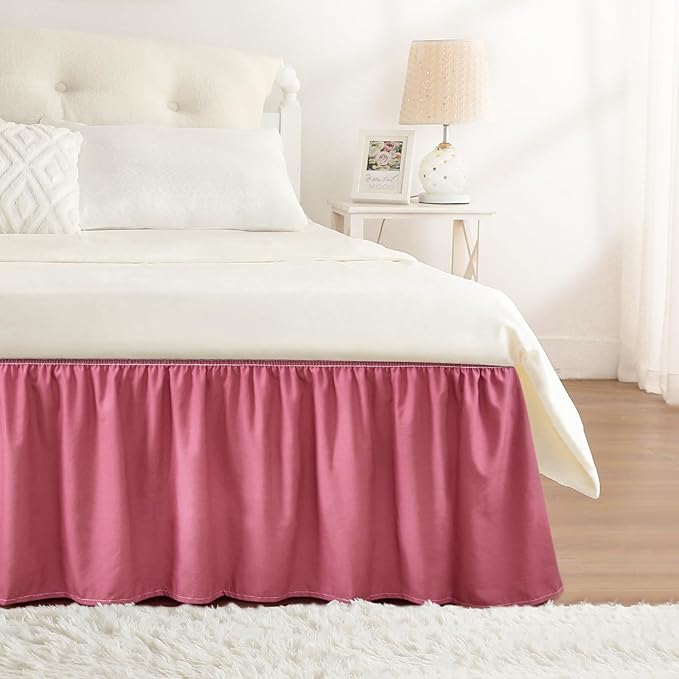 Dusty Red Bed Skirt Queen Size 18" Drop, Elastic Wrap Around Bedskirt | Solid Ruffled, Easy to Use, No Mattress Lifting, Wrinkle & Fade Resistant, with Adhesive Strips, Machine Wash/Dry/Iron