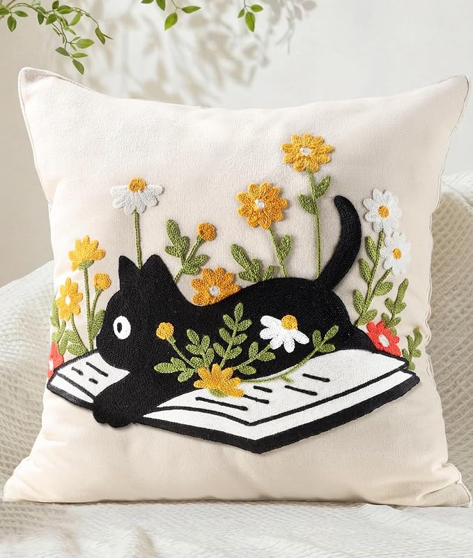 Embroidered Throw Pillow Cover 20x20 Inch - Summer Farmhouse Decorative Pillow Cover with Zipper for Couch Sofa Living Room Cushion Pillowcase, Cat Floral