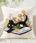 Embroidered Throw Pillow Cover 20x20 Inch - Summer Farmhouse Decorative Pillow Cover with Zipper for Couch Sofa Living Room Cushion Pillowcase, Cat Floral