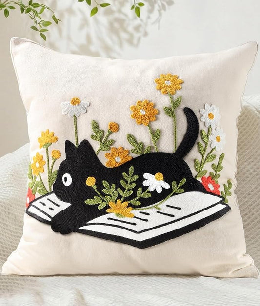 Embroidered Throw Pillow Cover 20x20 Inch - Summer Farmhouse Decorative Pillow Cover with Zipper for Couch Sofa Living Room Cushion Pillowcase, Cat Floral